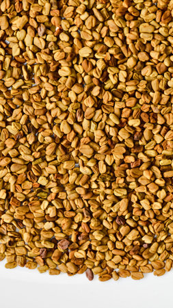 A detailed, overhead view of a large pile of small, dry fenugreek seeds, showcasing their textured surfaces and earthy tones.の写真素材