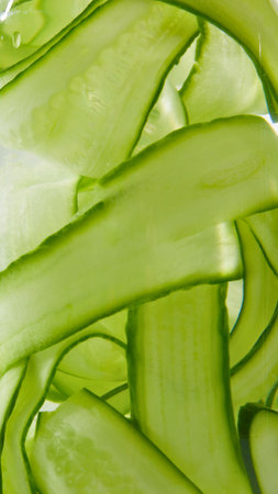 Close-up view of delicate, translucent green cucumber ribbons, showcasing their fresh texture and vibrant color.の写真素材