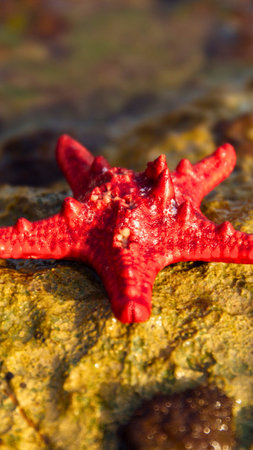 A close-up, high-angle view of a bright red starfish with five arms, resting on a textured, sandy, and rocky yellow seafloor.の写真素材