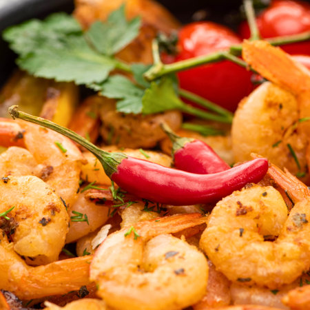 A close-up of a vibrant stir fry featuring plump shrimp, red chili peppers, cherry tomatoes, and fresh herbs.の写真素材