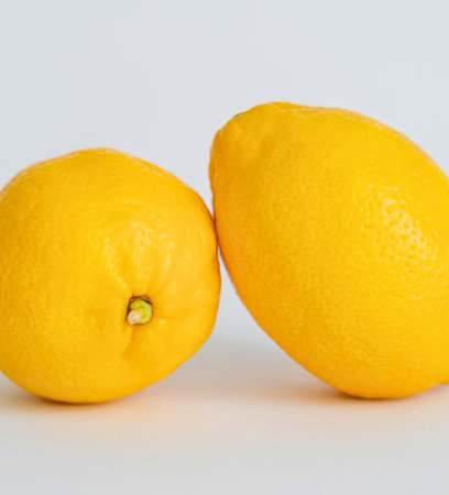 A close-up studio shot features two vibrant yellow lemons positioned side-by-side against a clean white backdrop.の写真素材
