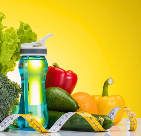 A vibrant still life featuring a water bottle, fresh vegetables, and a measuring tape, symbolizing a healthy lifestyle and fitness.の写真素材