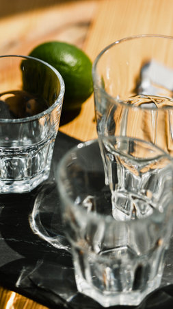 Two clear glass cups and a green fruit are artfully arranged on a textured wooden surface, bathed in warm light.の写真素材