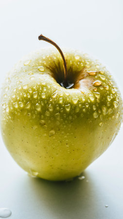A close-up shot of a single, ripe golden apple covered in sparkling water droplets, presented against a clean white surface.の写真素材
