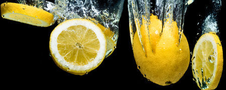 Close-up of bright yellow lemon slices and wedges splashing into dark water, creating dynamic motion and splashes.の写真素材