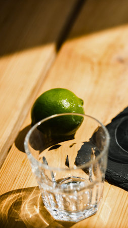 A single lime rests next to a small glass dish filled with salt, casting shadows on a textured...