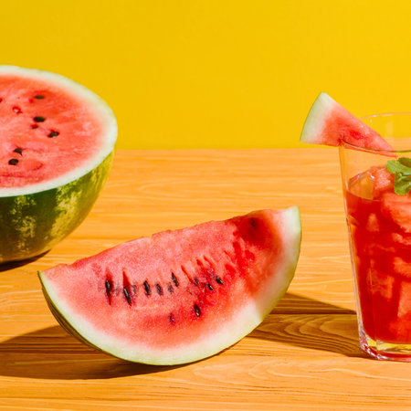 Close-up of juicy watermelon slices and a glass of refreshing watermelon drink with mint on a wooden surface against a vibrant yellow background.の写真素材