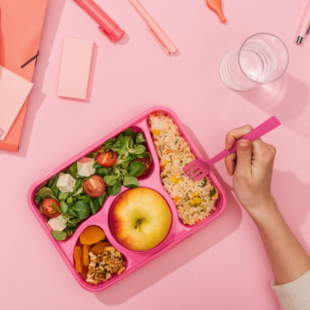 A vibrant pink bento box filled with a balanced meal including salad, rice, fruit, and nuts, with a hand holding a fork.の写真素材