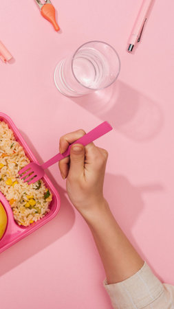 A child's arm and hand are shown reaching into a pink divided lunchbox filled with food, using a...