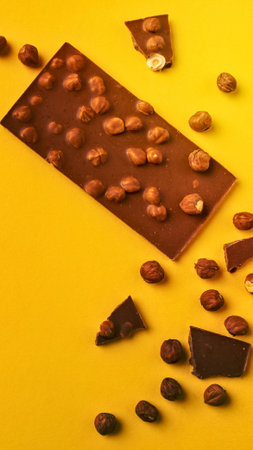 A broken dark chocolate bar with visible hazelnuts scattered around it on a vibrant yellow surface.の写真素材