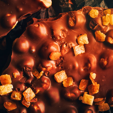 A rich, dark chocolate bar studded with crunchy nuts and sweet dried fruit pieces, presented in a tempting close-up view.の写真素材