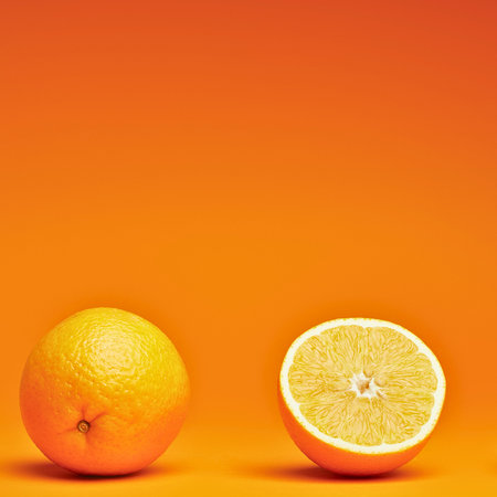 A whole orange and a halved orange sit on a vibrant orange surface against a matching orange...