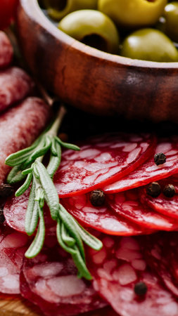Close-up of thinly sliced cured salami arranged with green olives in a wooden bowl and a sprig of fresh rosemary.の写真素材