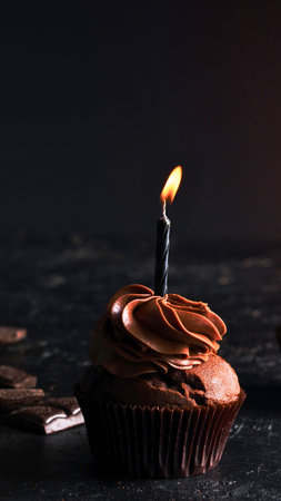 A single chocolate cupcake topped with swirled frosting and a lit birthday candle sits on a dark, textured surface.の写真素材
