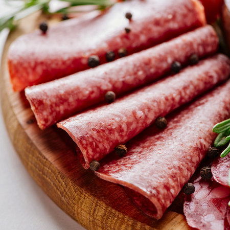 Close-up of thinly sliced cured salami, sprinkled with peppercorns and garnished with fresh rosemary on a rustic wooden cutting board.の写真素材