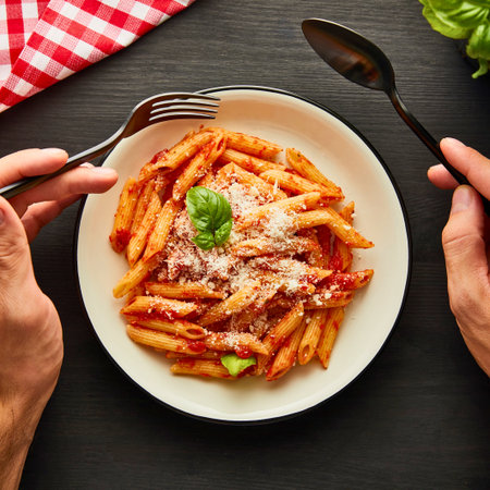 A top-down view of a white plate filled with penne pasta, covered in rich tomato sauce and topped with grated parmesan and fresh basil.の写真素材