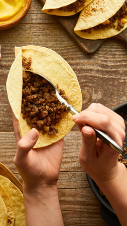 A close-up shot shows hands carefully filling a soft tortilla with a savory meat mixture, preparing to make delicious tacos.の写真素材