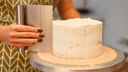 A person's hands are shown smoothing the white frosting on a tall, cylindrical cake using a metal bench scraper. The cake sits on a turntable.の写真素材