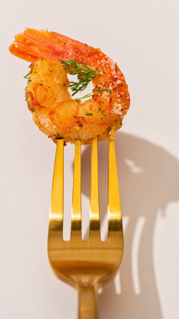 A single, succulent shrimp is impaled on a golden fork, garnished with fresh green herbs and a dollop of white sauce.の写真素材