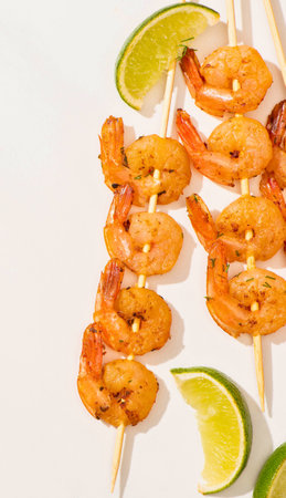 Deliciously seasoned shrimp grilled to perfection on skewers, served with bright, zesty lime wedges. A perfect appetizer or light meal.の写真素材