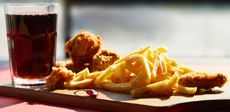A delicious meal featuring golden fried chicken pieces and a generous portion of french fries, served with a tall glass of dark cola.の写真素材