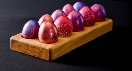 A row of vibrantly colored, egg-shaped desserts with intricate patterns displayed on a rustic wooden block.の写真素材