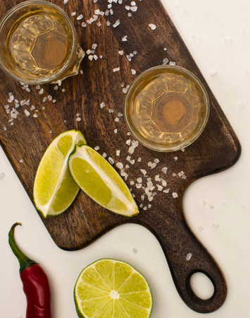 Two tequila shots with salt, lime wedges, and a chili pepper are artfully arranged on a rustic wooden board.の写真素材