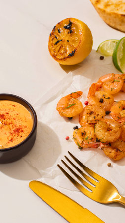 A close-up of a gourmet shrimp dish served with a creamy orange dipping sauce, grilled lemon, and lime wedges.の写真素材