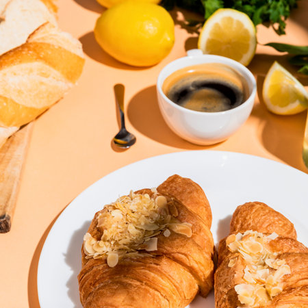 A bright and inviting breakfast scene featuring flaky croissants, a cup of coffee, and fresh lemons, perfect for a morning treat.の写真素材