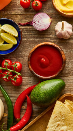 A vibrant overhead shot showcases fresh ingredients for salsa and guacamole, including tomatoes, chilies, avocado, onion, lime, and garlic.の写真素材