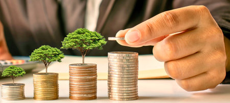 A close-up shot shows a hand nurturing small green trees emerging from ascending stacks of coins,...