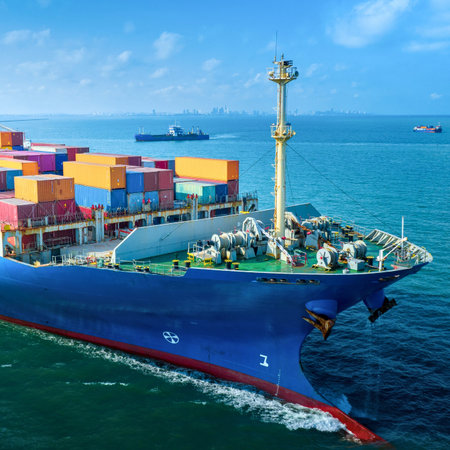 A large blue container ship is sailing on a bright blue ocean under a clear sky, carrying many...