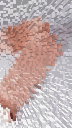 Two hands are shown in close proximity, rendered in an abstract, pixelated style with a warm, reddish hue.の写真素材