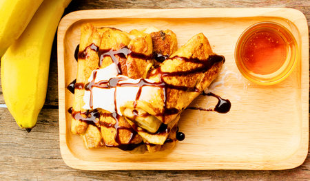 A tempting dessert featuring a flaky croissant filled with banana and drizzled with chocolate sauce, served with a side of honey.の写真素材