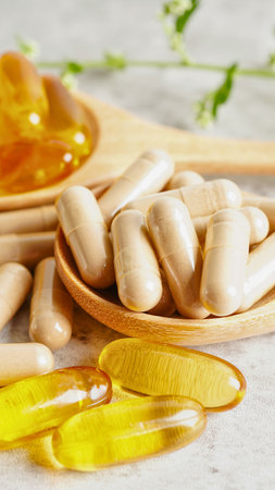 A close-up of softgel capsules and liquid supplements, possibly vitamins or oils, arranged on wooden spoons against a light background.の写真素材