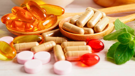 A close-up of various vitamin capsules, softgels, and tablets scattered on a light wooden background with fresh mint leaves.の写真素材