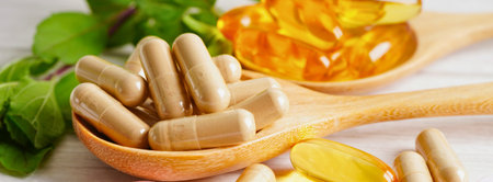 A close-up shot of herbal capsules and golden omega-3 softgels on wooden spoons, with green leaves in the background.の写真素材