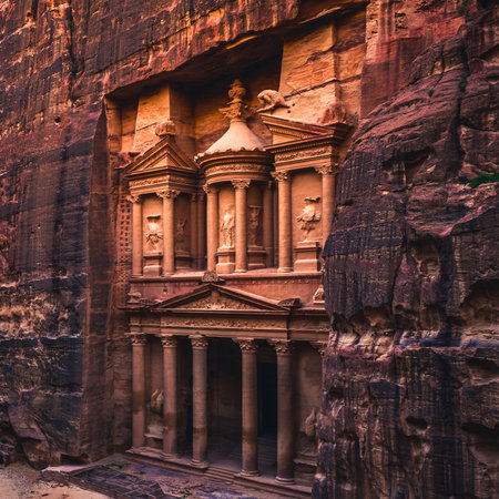 The iconic Al-Khazneh, or Treasury, in Petra Jordan, a magnificent facade intricately carved into sandstone cliffs.の写真素材