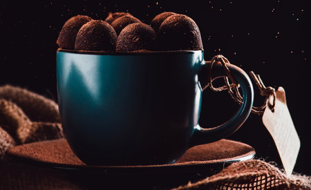 Rich, dark chocolate truffles are piled high in a teal mug, creating a decadent and inviting dessert.の写真素材