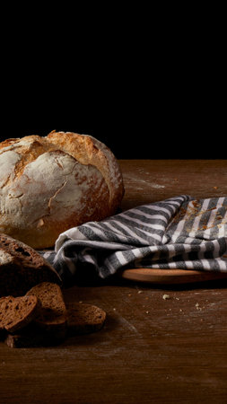 A loaf of crusty sourdough bread rests beside a striped cloth on a dark wooden table, with a few...