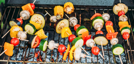 Assortment of fresh vegetables and mushrooms on skewers being grilled over a barbecue.