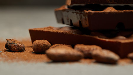A close-up of dark chocolate truffles and nuts dusted with cocoa powder, suggesting a decadent...