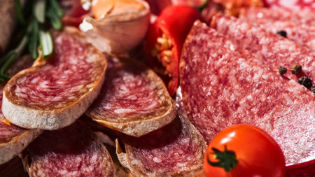 A vibrant, detailed close-up showcases an array of thinly sliced cured meats, likely salami and prosciutto, artfully arranged with fresh red tomatoes.の写真素材