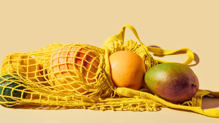 A vibrant yellow mesh bag spills out with ripe fruit, showcasing their colorful skins against a...