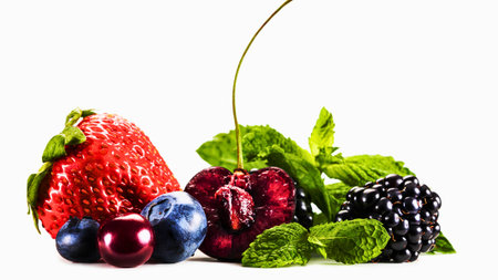 A close-up shot showcases a variety of fresh, ripe berries and a large strawberry, all glistening and isolated on a white background.の写真素材