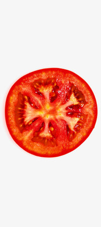 A vibrant, cross-section of a fresh tomato showcases its juicy interior with seeds and pulp, isolated on a clean white surface.の写真素材