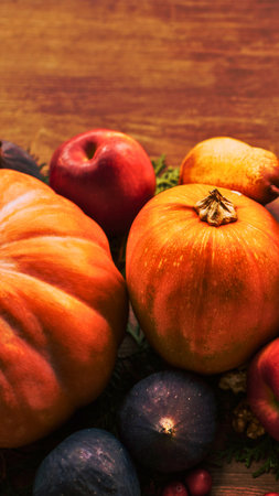 A close-up view of various pumpkins, gourds, and possibly apples arranged on a rustic wooden background, evoking a fall harvest theme.の写真素材