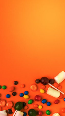 A vibrant collection of candies, chocolates, and small sweets are scattered across a bright orange surface, creating a playful and tempting display.の写真素材