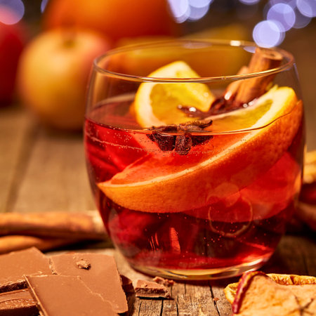 A festive glass of mulled wine, garnished with orange slices, star anise, and cinnamon sticks, perfect for a cozy winter evening.の写真素材