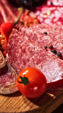 A detailed view of thinly sliced cured salami with peppercorns, accompanied by halved cherry tomatoes on a rustic wooden surface.の写真素材